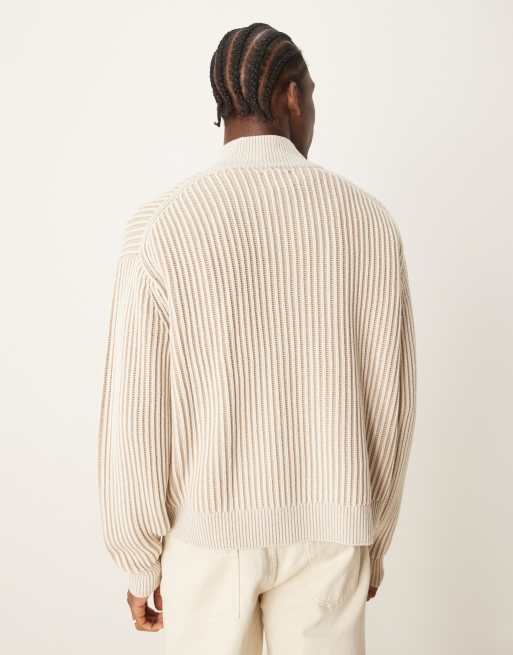 Abercrombie & Fitch – Oversize-Strickpullover in Cremeweiß mit kurzem Reißverschluss und gestreiftem Maschenmuster, 2 von 4
