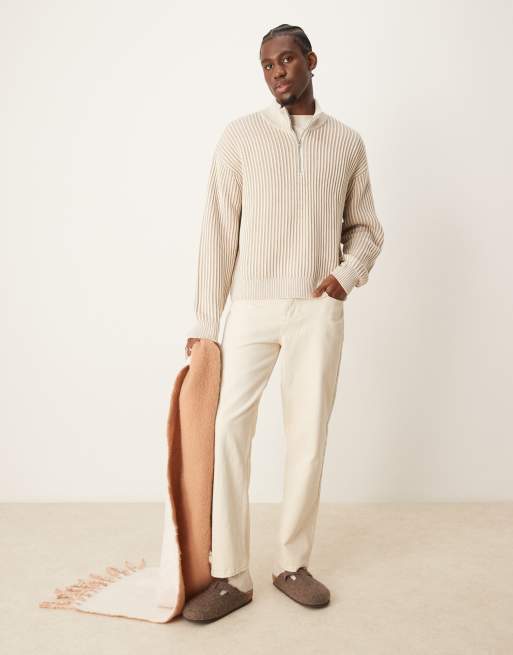 Abercrombie & Fitch – Oversize-Strickpullover in Cremeweiß mit kurzem Reißverschluss und gestreiftem Maschenmuster, 4 von 4
