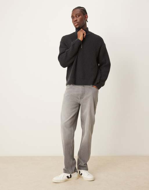 Abercrombie & Fitch – Oversize-Strickpullover in Schwarz mit kurzem Reißverschluss und gestreiftem Maschenmuster, 4 von 4