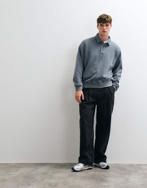 Abercrombie & Fitch oversized button up polo sweatshirt in petrol blue, 3 of 5
