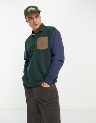 Abercrombie & Fitch oversized colour block rugby polo in dark green