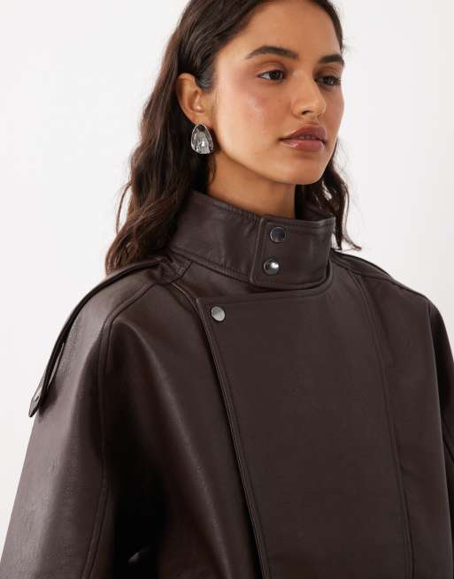 Abercrombie & Fitch oversized faux leather bomber jacket in brown, 3 of 4