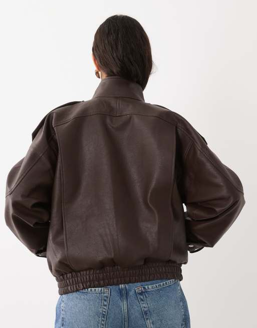 Abercrombie & Fitch oversized faux leather bomber jacket in brown, 4 of 4