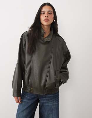Abercrombie & Fitch Oversized Faux Leather Bomber Jacket In Green