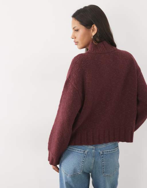 Abercrombie & Fitch oversized funnel neck jumper in burgundy, 4 of 4