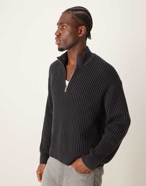 Abercrombie & Fitch oversized half zip stripe stitch knit jumper in black - view 1