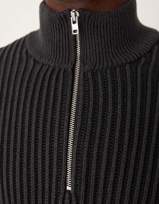 Abercrombie & Fitch oversized half zip stripe stitch knit jumper in black, 3 of 4