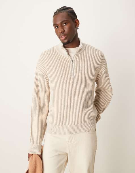 Abercrombie & Fitch oversized half zip stripe stitch knit jumper in cream - view 1