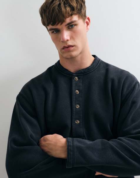 Abercrombie & Fitch oversized heavyweight henley top in washed black - view 1