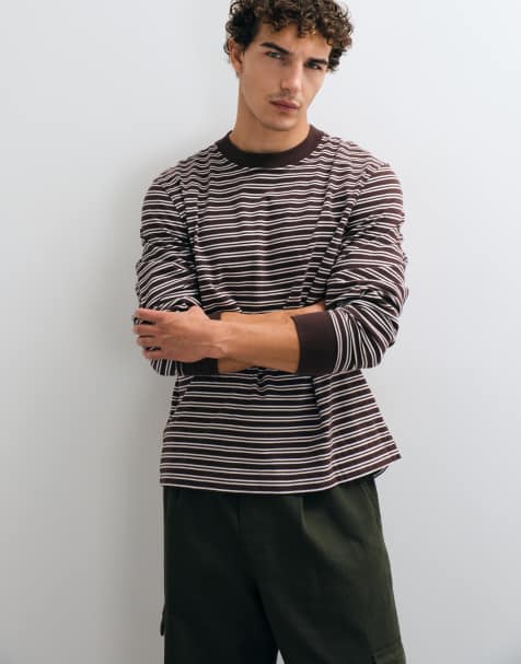 Abercrombie & Fitch oversized heavyweight long sleeve t-shirt in brown stripe - view 1