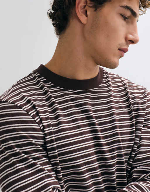 Abercrombie & Fitch oversized heavyweight long sleeve t-shirt in brown stripe, 3 of 5
