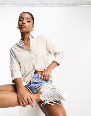 Abercrombie & Fitch oversized linen resort shirt in neutral check