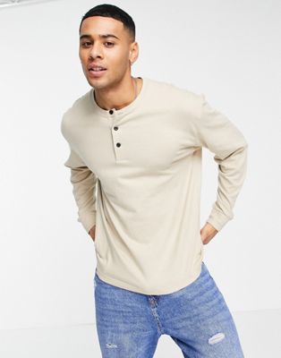 Abercrombie & Fitch oversized long sleeve henley top in tan
