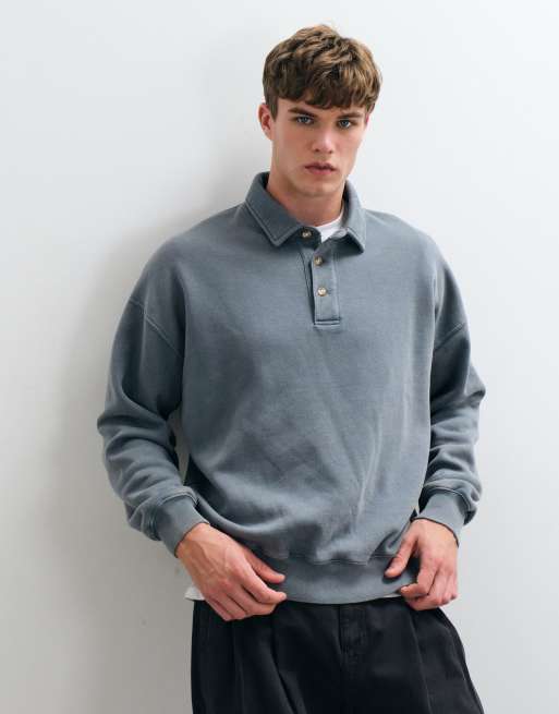 Abercrombie & Fitch oversized polo-sweatshirt med knapper i petrolblå, 2 af 5