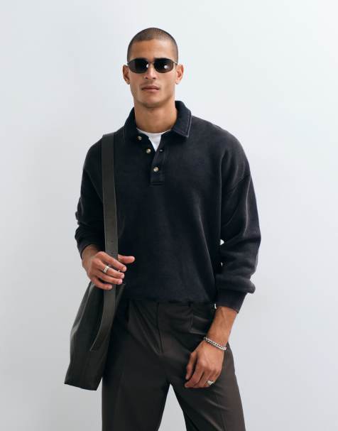 Abercrombie & Fitch oversized polo sweatshirt met knoopsluiting in zwart - view 1