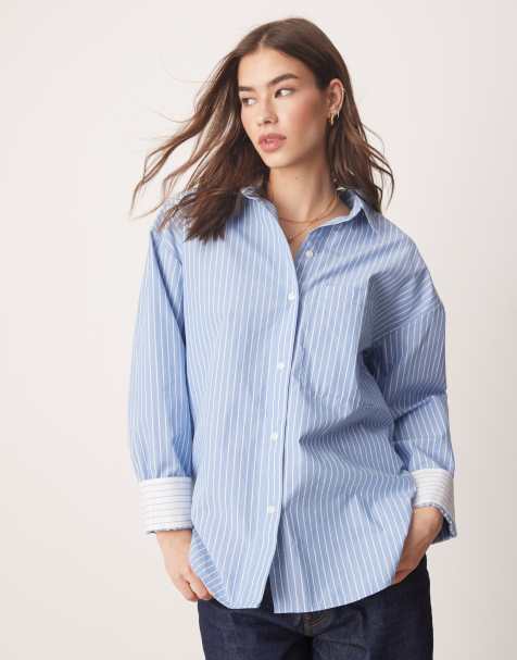 Abercrombie & Fitch - Oversized poplin overhemd met lange mouwen in blauw met witte strepen - view 1