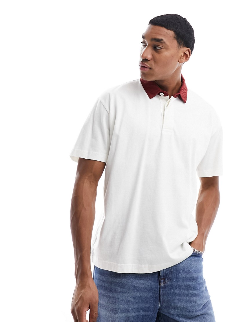 Abercrombie & Fitch oversized rugby polo shirt with contrast collar in white