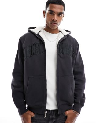 Abercrombie & Fitch oversized sherpa lined chest logo full zip hoodie in washed black