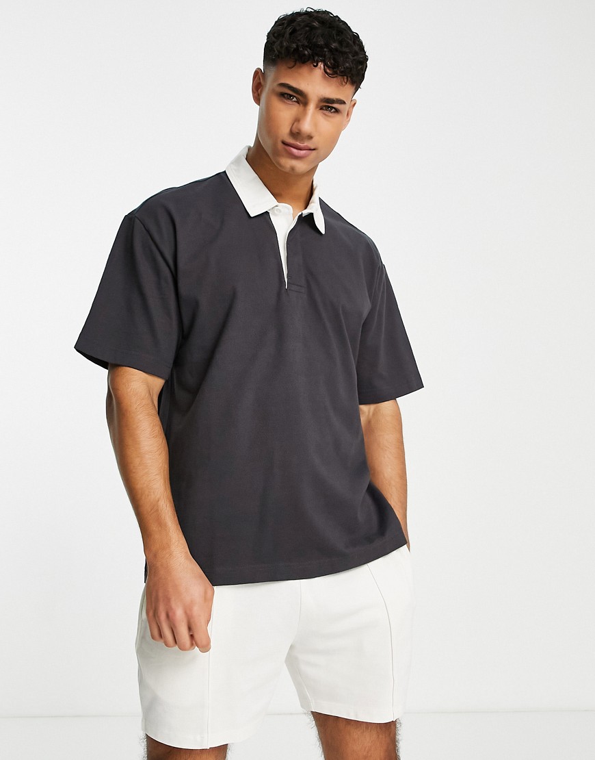 Abercrombie & Fitch Oversized Short Sleeve Rugby Polo Shirt In Black