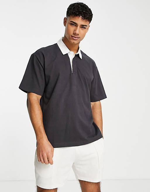 Abercrombie & Fitch oversized short sleeve rugby polo shirt in black | ASOS