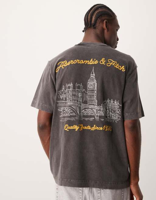 Abercrombie & Fitch - Oversized T-shirt met print van stadsgezicht en logo op de achterkant in zwart met vintage acid wash