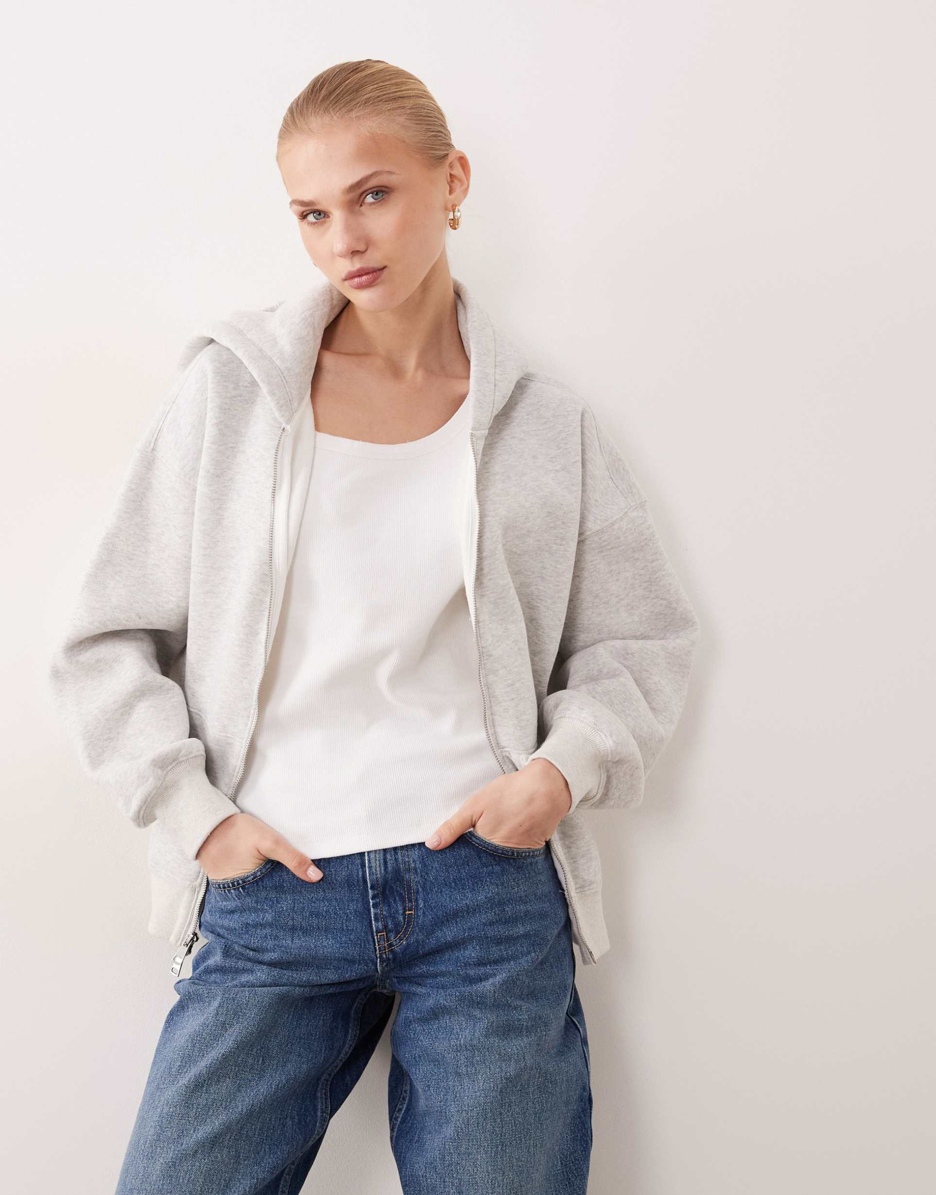 abercrombie & fitch oversized zip up hoodie in gray heather