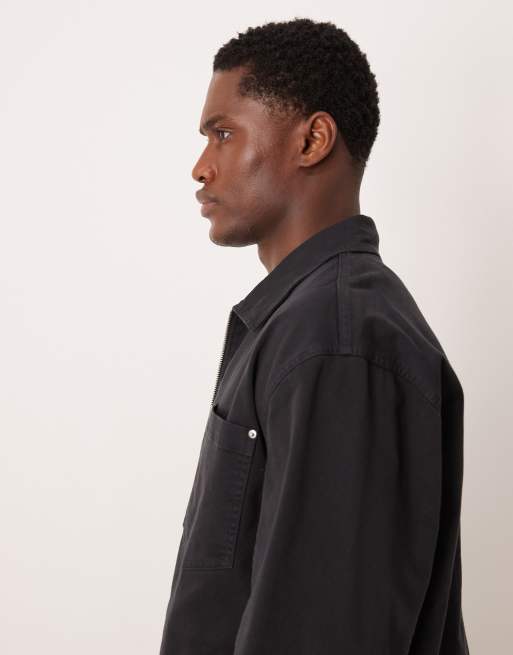 Abercrombie & Fitch oversized zip up shacket in black, 4 of 5