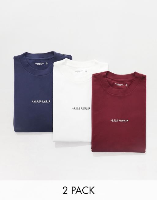 Abercrombie & Fitch - Pakke med 3 afslappede T-shirt med centralt brystlogo i mørkeblå/bordeauxrød/hvid