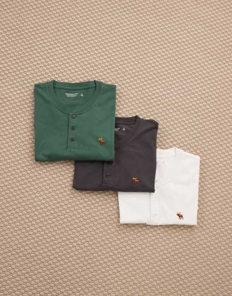 Abercrombie & Fitch - Pakke med 3 T-shirts med Henley-krave og ikonlogo i sort/grøn/hvid - view 1
