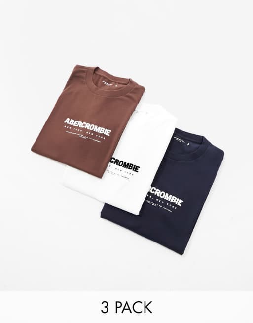 Abercrombie & Fitch - Pakke med 3 T-shirts med logo foran i hvid/brun/marineblå i afslappet pasform