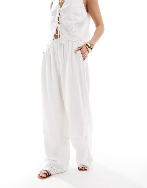 Abercrombie & Fitch - Pantalon ample d'ensemble en lin mélangé à œillets - Blanc
