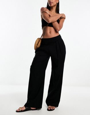 Abercrombie & Fitch pleated wide leg linen trouser in black - ASOS Price Checker