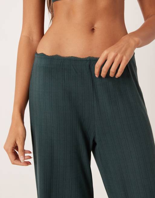 Abercrombie & Fitch - Pantalon d'ensemble de pyjama en pointelle à taille haute - Vert, 3 de 4