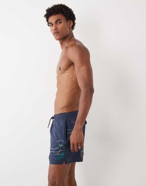Abercrombie & Fitch - Pantaloncini da bagno blu navy con ricami, 4 di 5