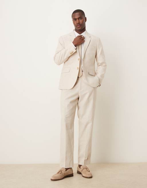Abercrombie & Fitch - Pantaloni da abito classici in lino color crema in coordinato