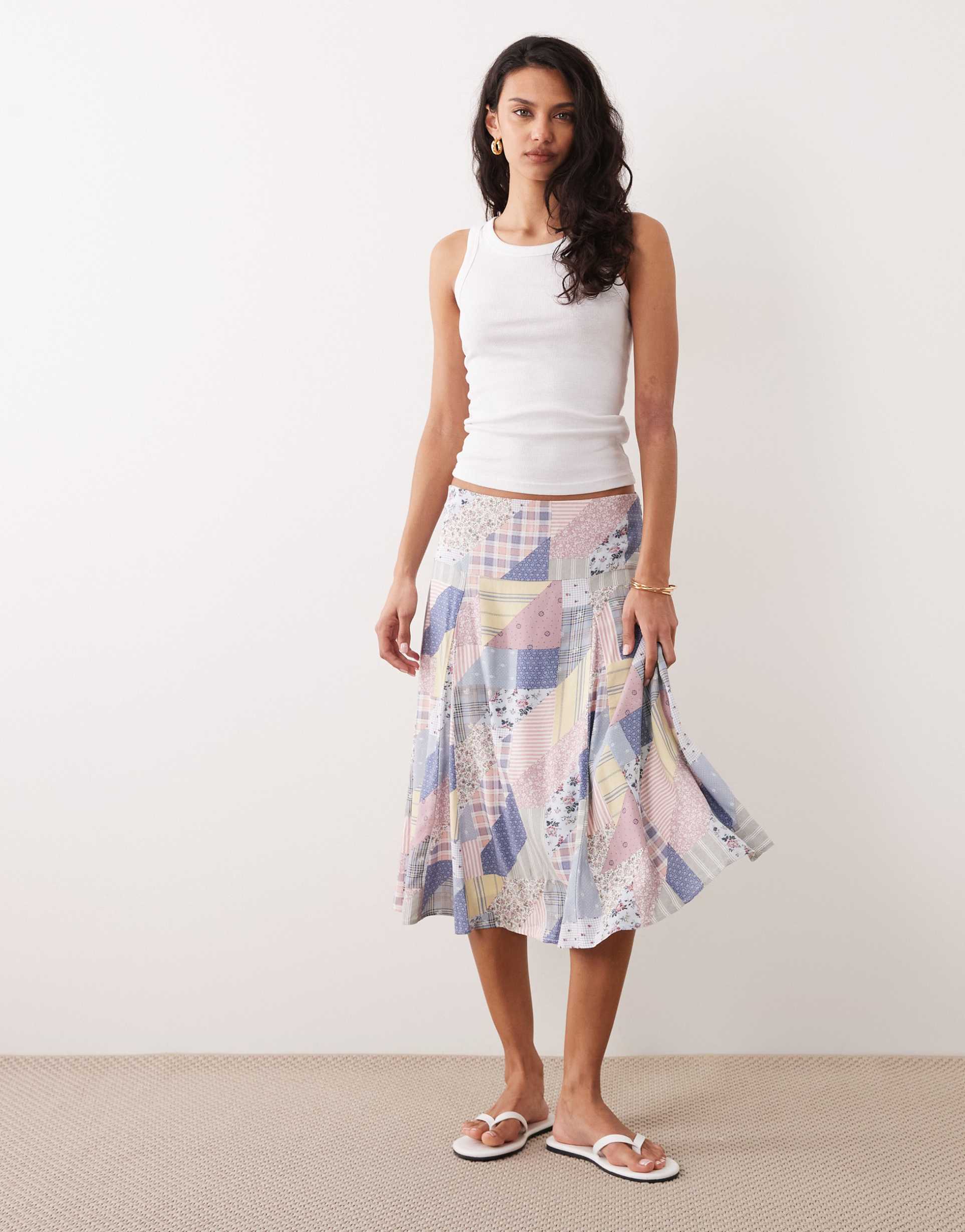 abercrombie & fitch patchwork godet midi skirt in blue
