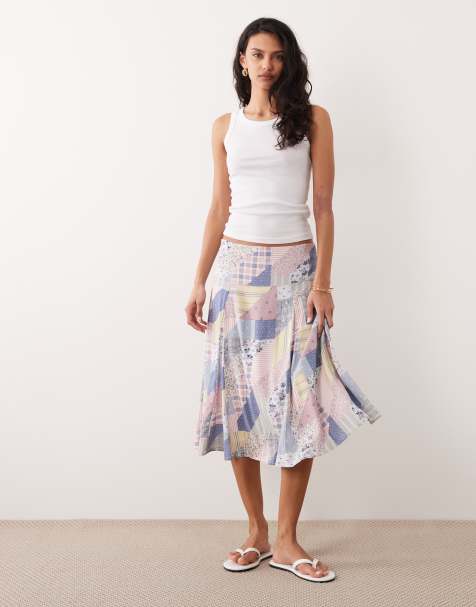 Abercrombie & Fitch patchwork godet midi skirt in blue