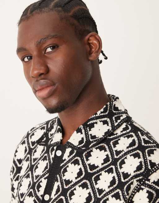 Abercrombie & Fitch pattern crochet knit button up polo in black/white, 2 of 4