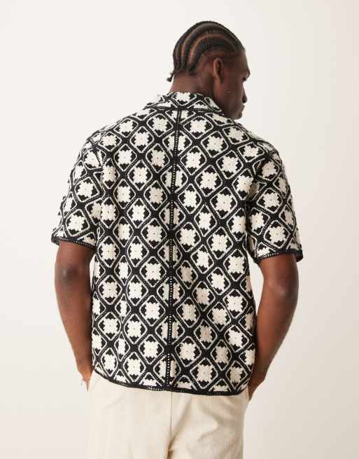 Abercrombie & Fitch pattern crochet knit button up polo in black/white, 3 of 4