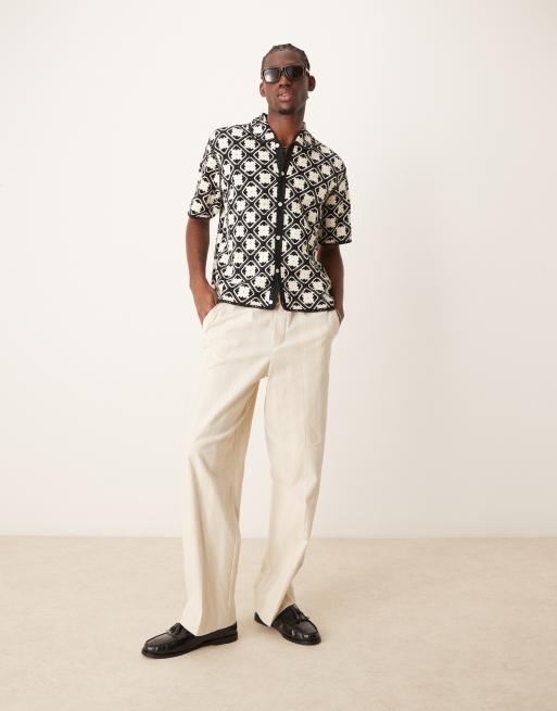 Abercrombie & Fitch pattern crochet knit button up polo in black/white, 4 of 4