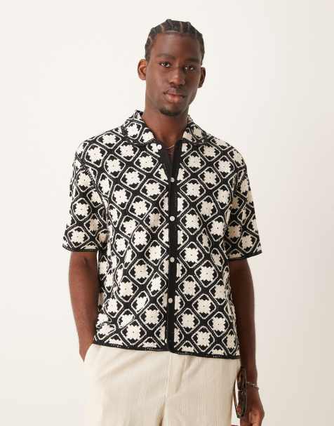 Abercrombie & Fitch pattern crochet knit button up polo shirt in black/white - view 1