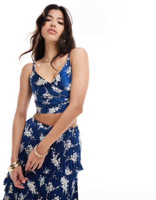 Abercrombie & Fitch Abercrombie & Fitch pleated satin floral print co-ord top in blue