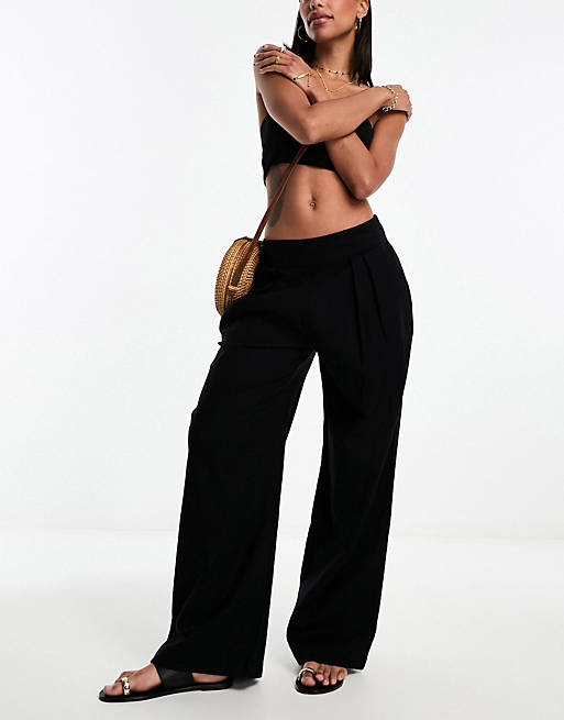 Abercrombie & Fitch pleated wide leg linen trouser in black | ASOS