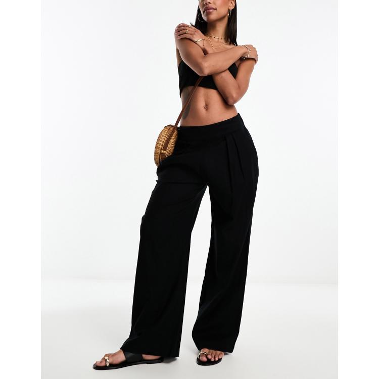 Abercrombie & Fitch pleated wide leg linen trouser in black