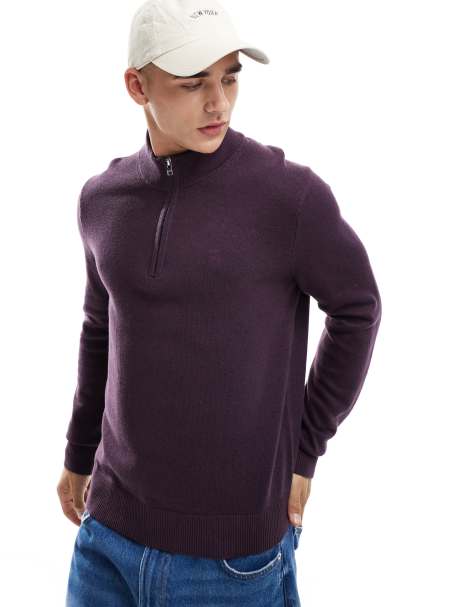 Abercrombie & Fitch – Plommonlila, stickad tröja i merinoull med kort dragkedja och ikonlogga - view 1