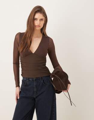 Abercrombie & Fitch Bra-free Long-sleeve Mesh Plunge Top In Brown