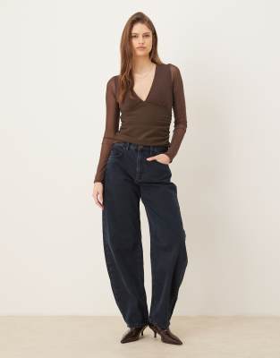 Abercrombie & Fitch Bra-free Long-sleeve Mesh Plunge Top In Brown