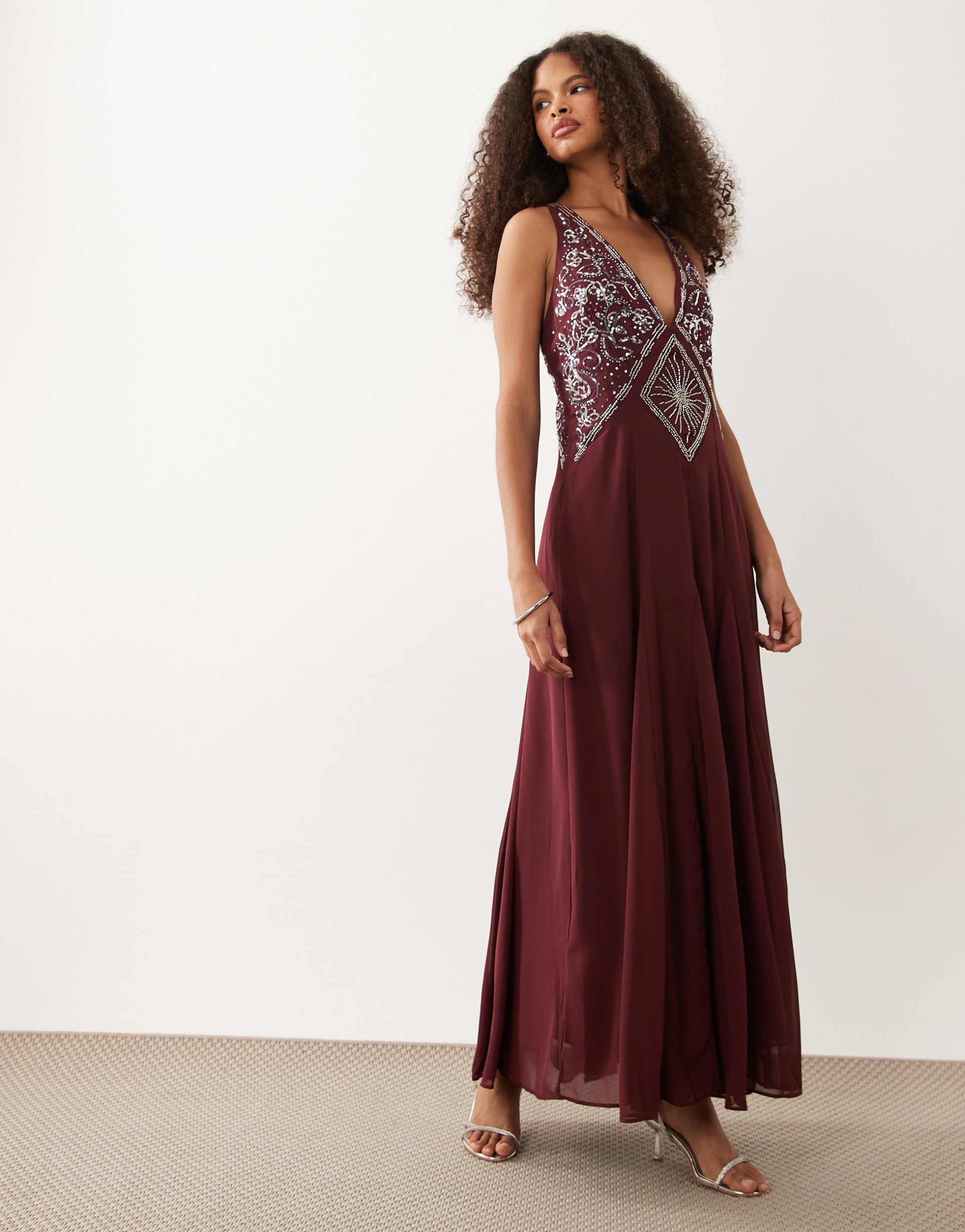 abercrombie & fitch plunge neck maxi dress with cross back detail in red
