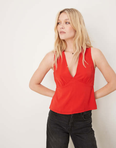 Abercrombie & Fitch plunge neck sleeveless top in red - view 1