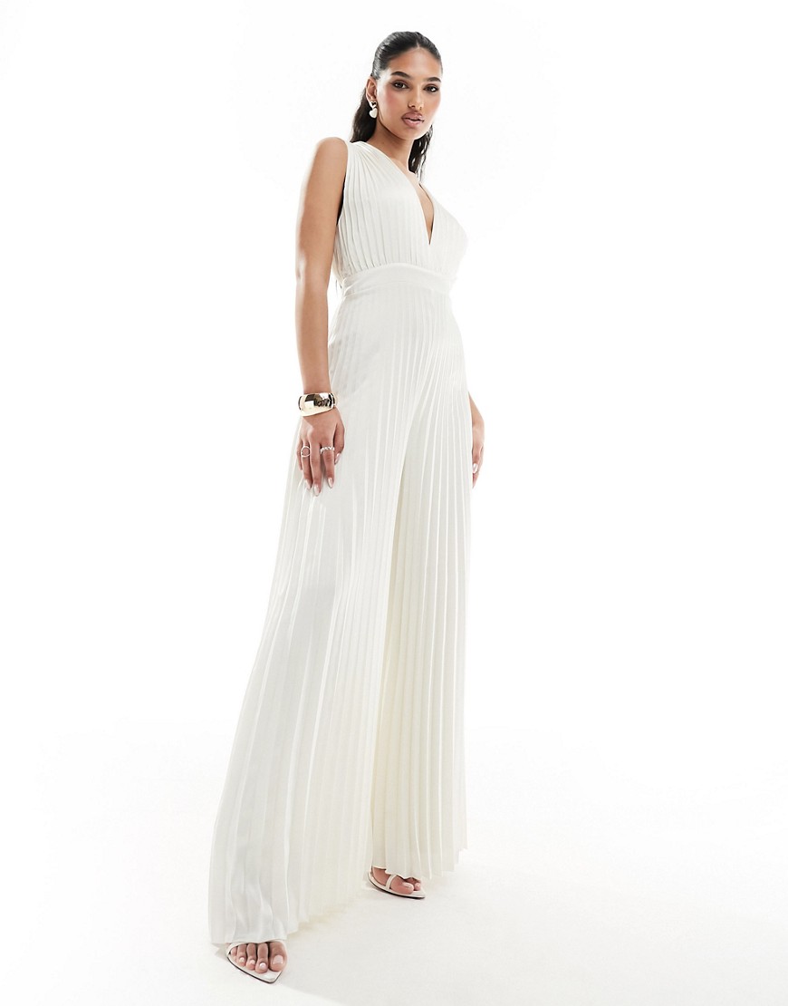 Abercrombie & Fitch plunge pleated jumpsuit in off white